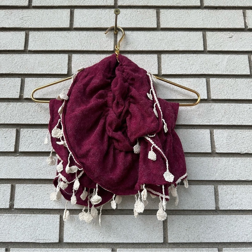 Raspberry Red Wool Feel Scarf Ivory Crochet Fringe Boho Cottagecore Wrap